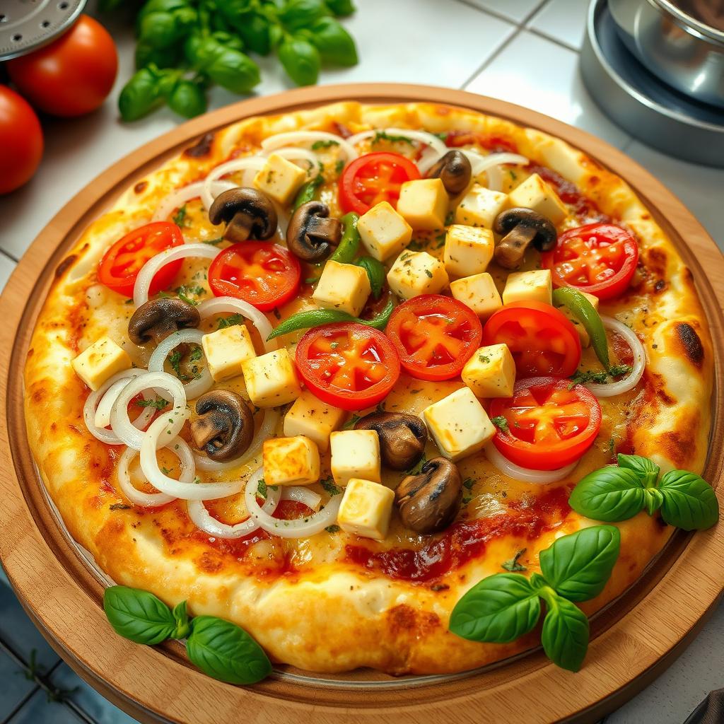 A mouthwatering pizza topped with an abundance of fresh, sliced onions, tender sautéed mushrooms, creamy paneer cubes, and vibrant red and green capsicum, all beautifully arranged on a gooey, cheesy crust