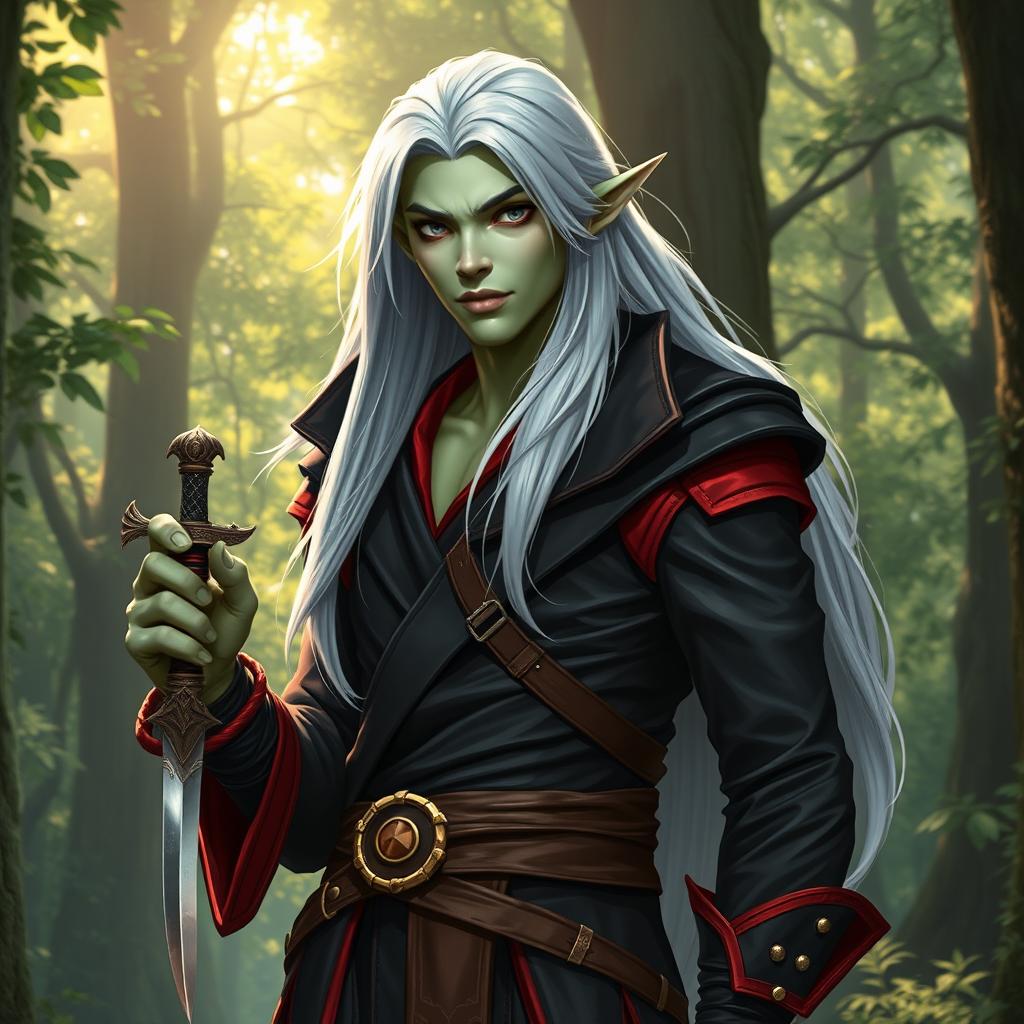 A tall, arrogant yet benevolent semi-elf rogue, realistically portrayed with light green skin that has a hint of blue, symbolizing a deep connection to nature and concern for the environment