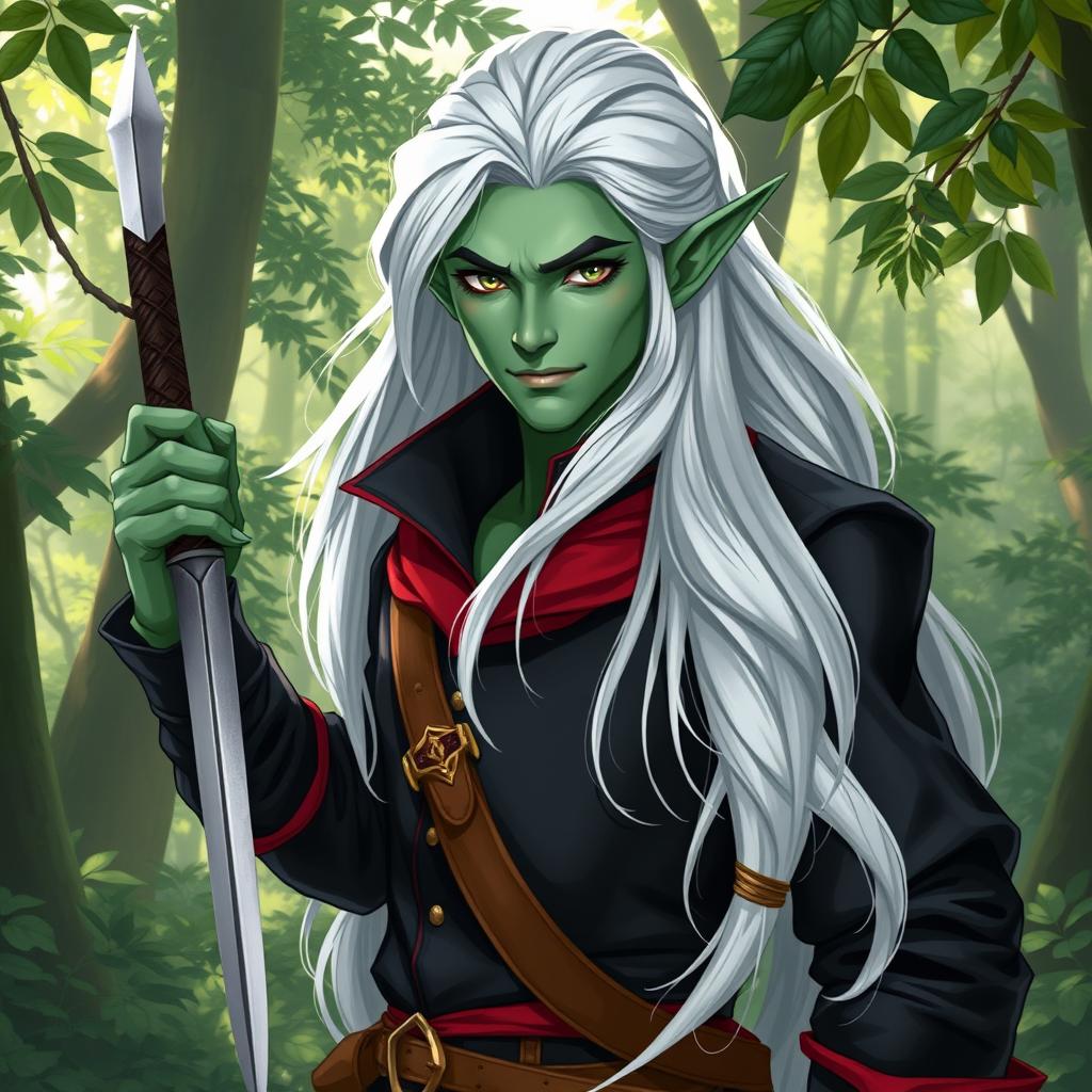 A tall, arrogant yet benevolent male semi-elf rogue, realistically illustrated with light green skin featuring a hint of saturated blue, symbolizing a deep concern for nature