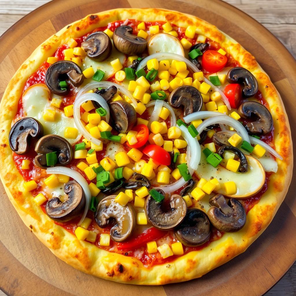 A mouthwatering pizza featuring a crispy, golden crust topped with a mix of sweet corn, tender mushrooms, colorful capsicum, and crunchy onions