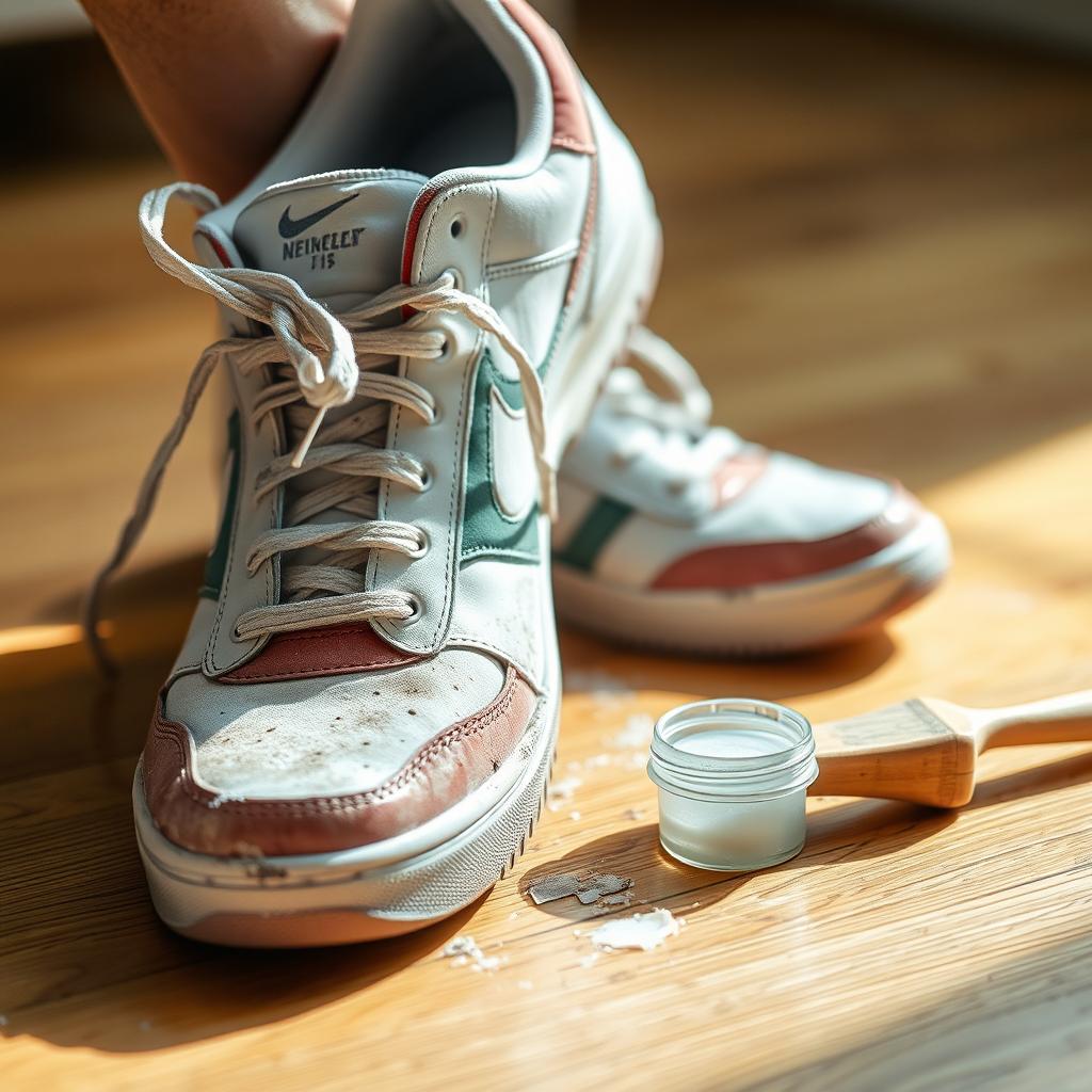 A close-up shot of a pair of worn sneakers on a wooden floor, with one sneaker slightly lifted as if being cleaned
