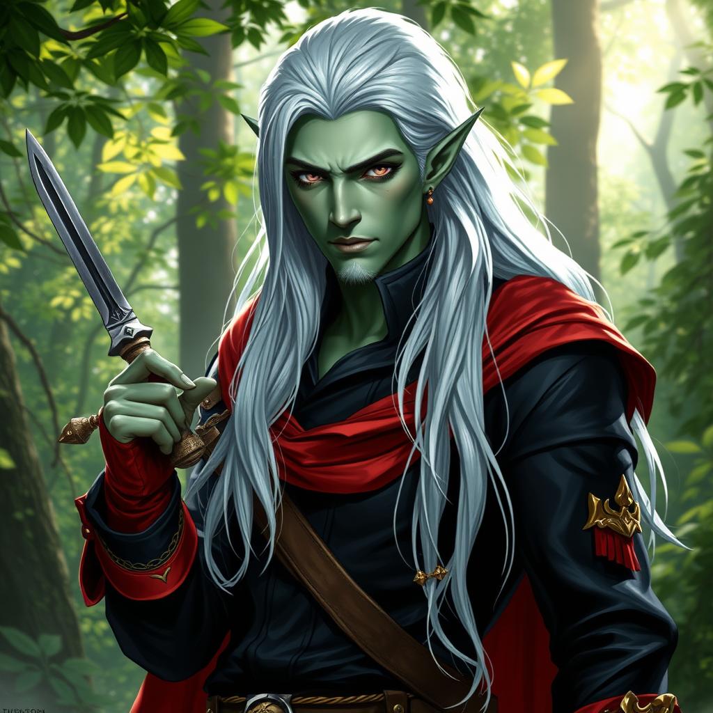 A tall, arrogant yet benevolent male semi-elf rogue, realistically depicted with light green skin infused with a touch of saturated blue, symbolizing his deep concern and connection to nature
