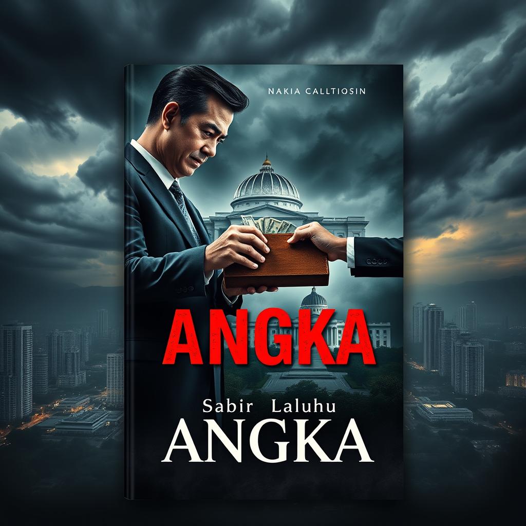 An eye-catching novel cover design for a book titled 'ANGKA' by author Sabir Laluhu, depicting a gripping narrative centered around a major corruption case