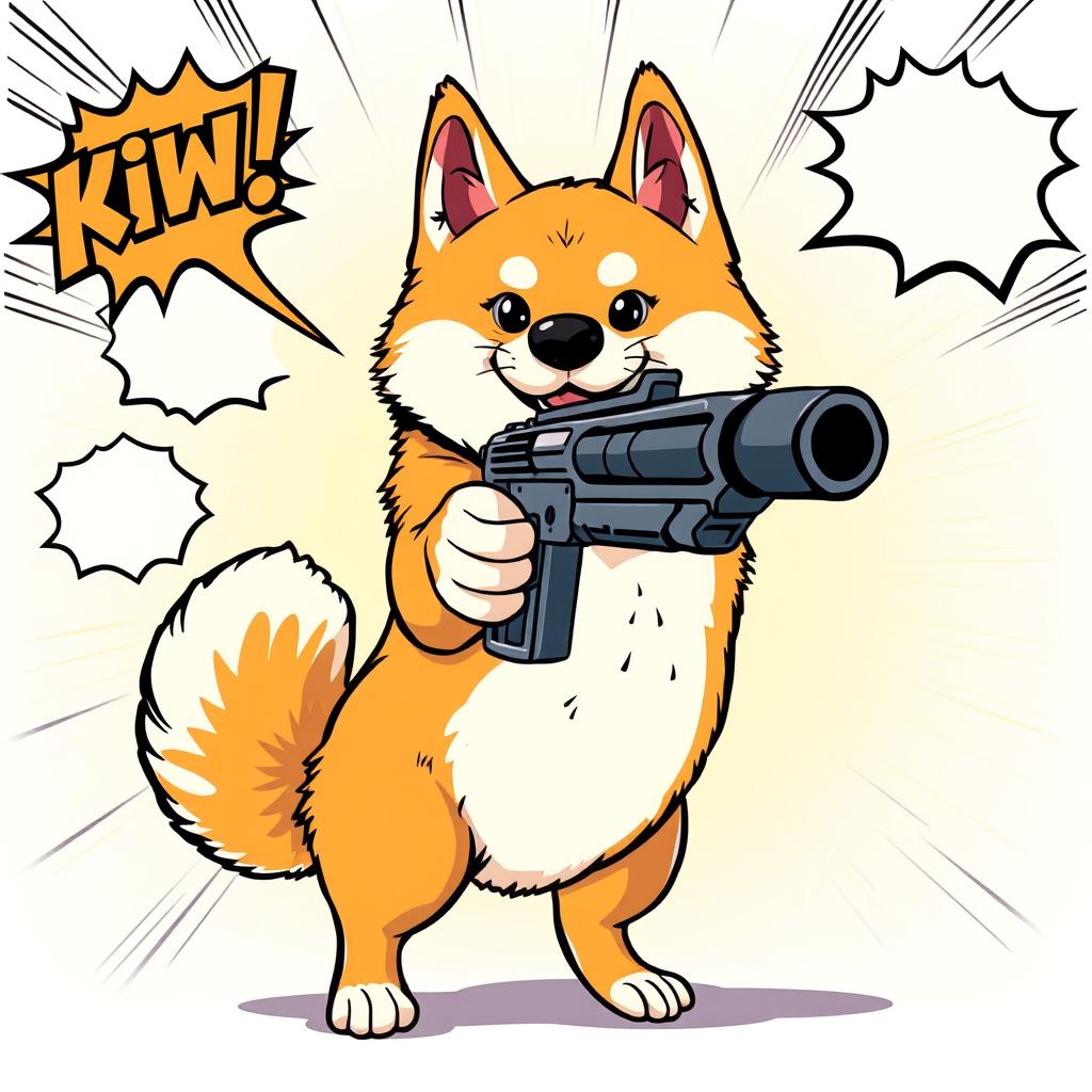 A playful illustration of an Akita Inu dog standing confidently, pointing a cartoonish gun forward
