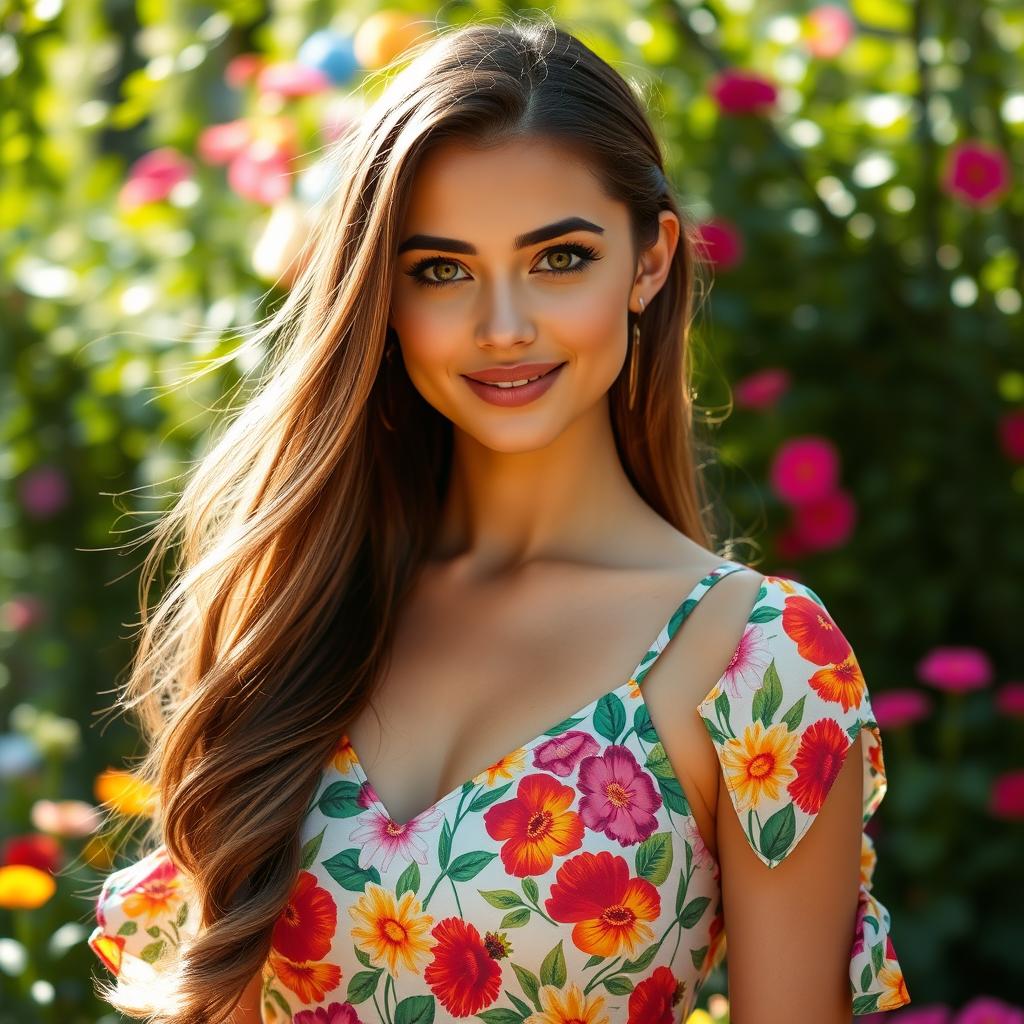 A stunning 25-year-old woman with long, flowing brunette hair, striking green eyes, and a confident smile, wearing a fashionable summer dress adorned with vibrant floral patterns