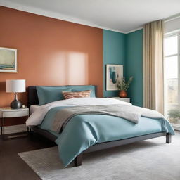 A modern bedroom featuring a harmonious color combination