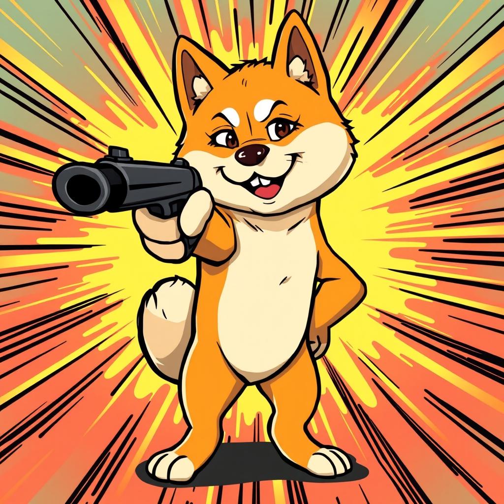 A cartoon-style illustration of an Akita Inu dog standing confidently, pointing a gun forward