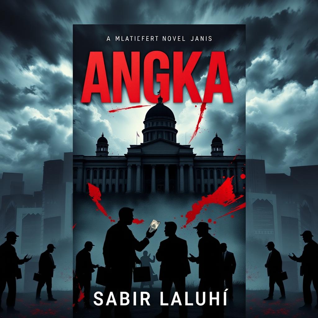 A dramatic novel cover design for a book titled "ANGKA" written by Sabir Laluhu
