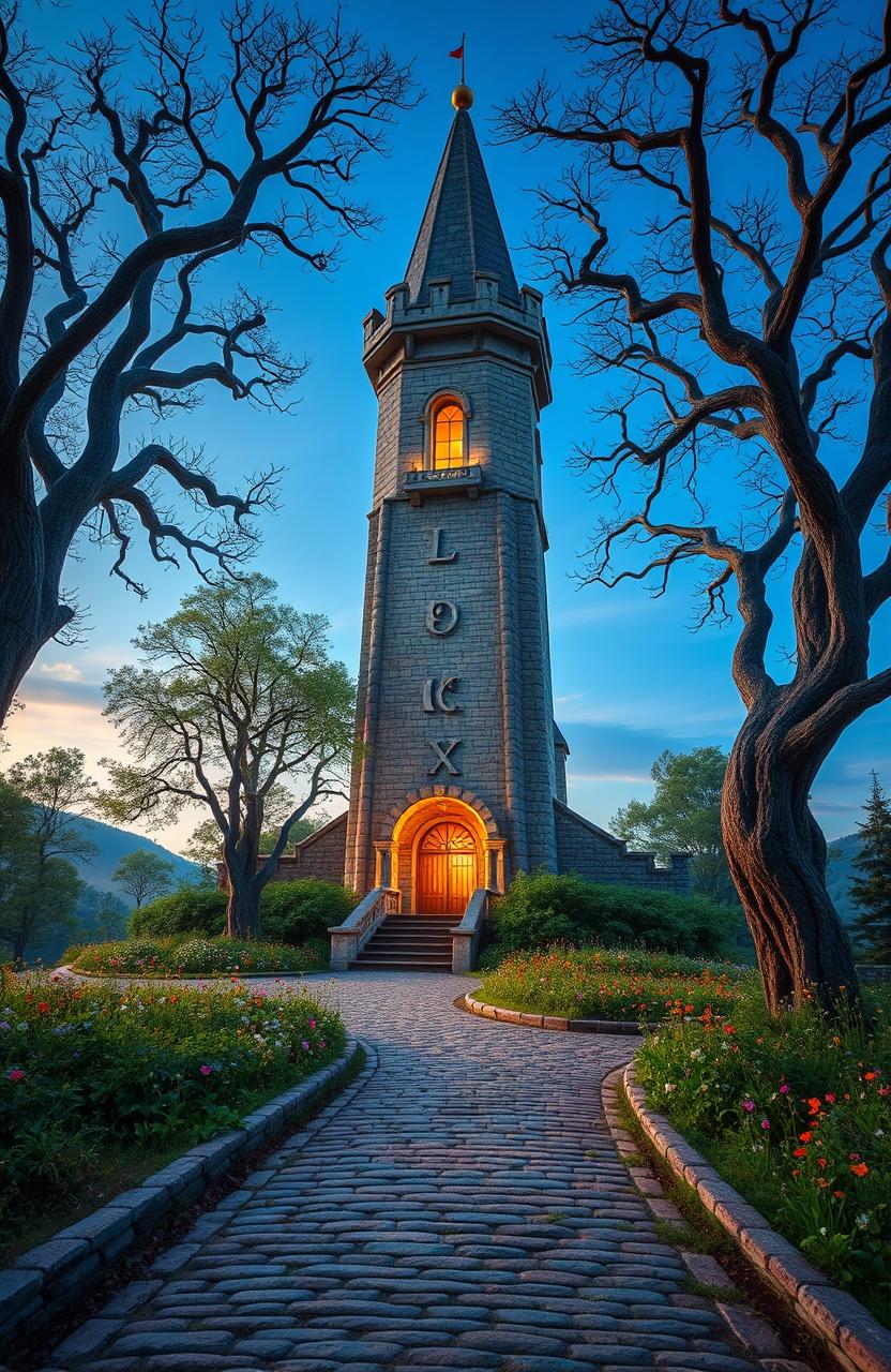 A large, enchanting magic tower standing majestically in a medieval landscape