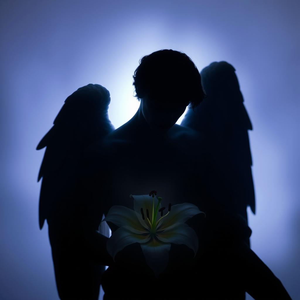 A majestic silhouette of an unknown male angel gently cradling a delicate lily flower, emphasizing the strong yet graceful contours of the angel's wings and the intricate details of the lily