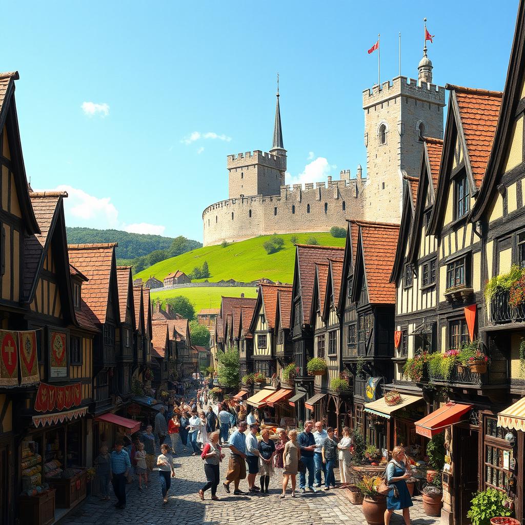 A bustling medieval city teeming with life, featuring cobblestone streets lined with charming timber-framed houses, each with vibrant banners hanging from the windows