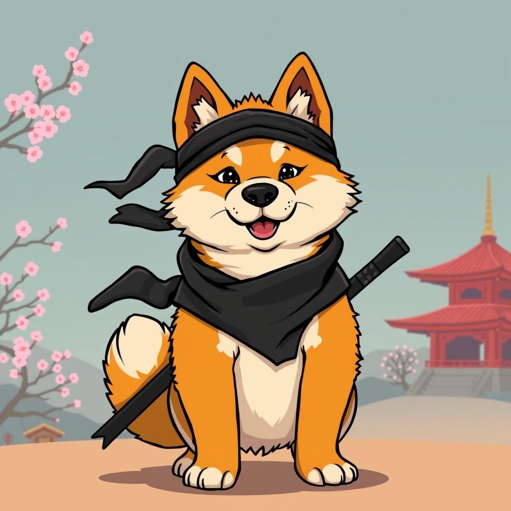A playful Akita Inu dressed as a Japanese ninja warrior, featuring traditional ninja attire such as a black shozoku, complete with a bandana, shuriken, and a katana at its side