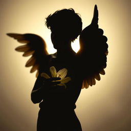 A captivating image featuring the silhouette of an unknown male angel cradling a delicate lily flower