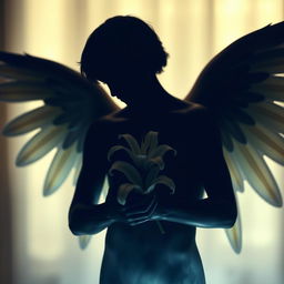 A captivating image featuring the silhouette of an unknown male angel cradling a delicate lily flower