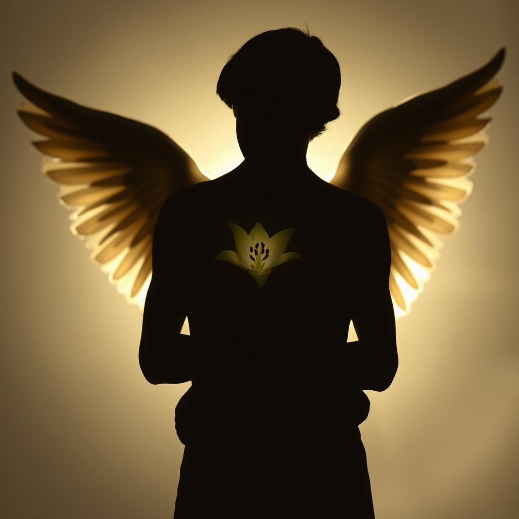 A captivating image featuring the silhouette of an unknown male angel cradling a delicate lily flower