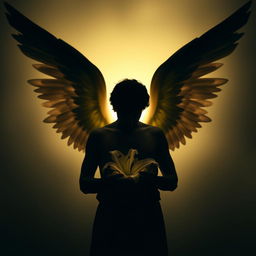 A captivating image featuring the silhouette of an unknown male angel cradling a delicate lily flower