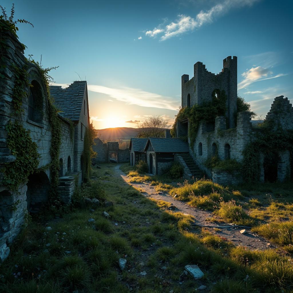 An abandoned, ruined medieval city, overgrown with wild vegetation and engulfed by nature