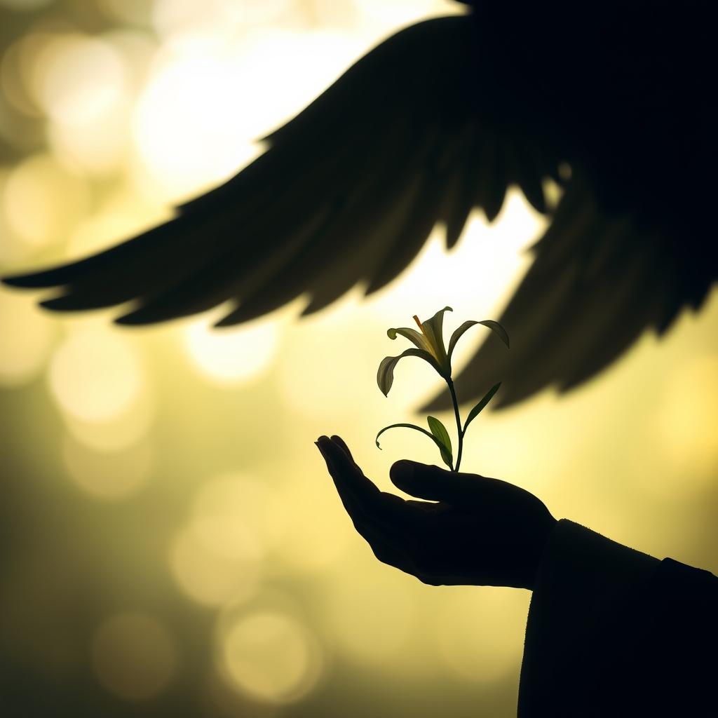 A serene image depicting the silhouette of an unknown male angel gently cradling a small lily flower