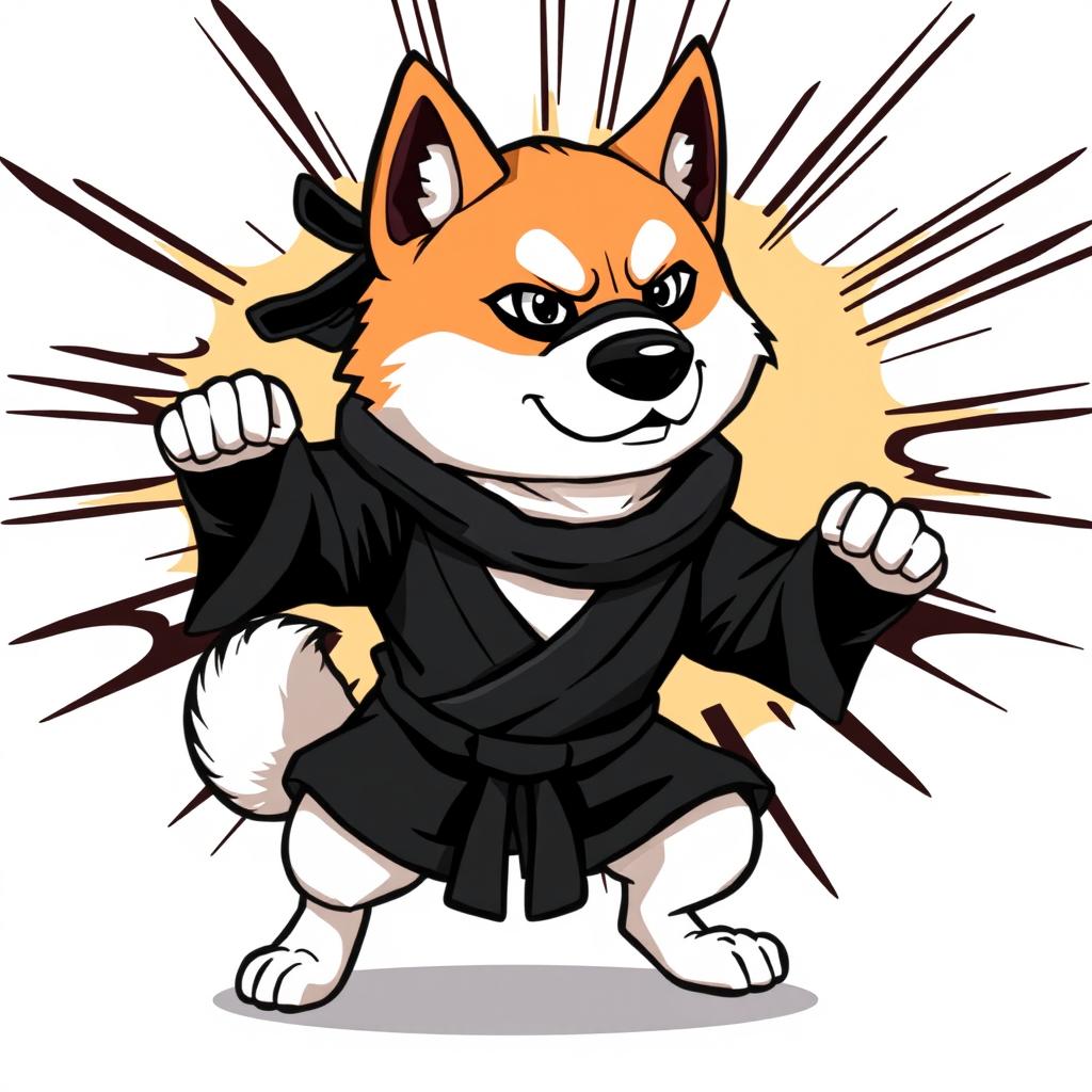 A stylized vector illustration of an Akita Inu dog dressed as a traditional Japanese ninja warrior