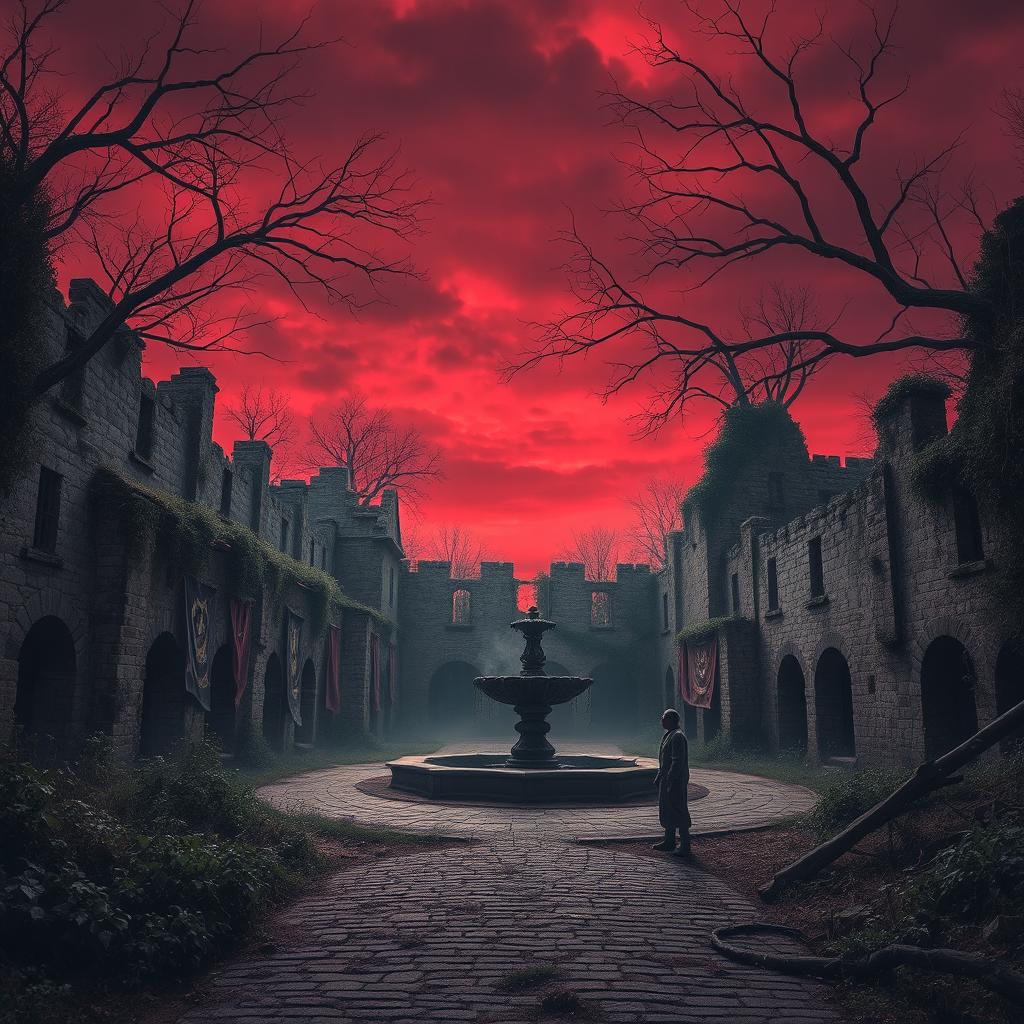 An abandoned, ruined medieval city under a dark red sky, creating an ominous and eerie atmosphere