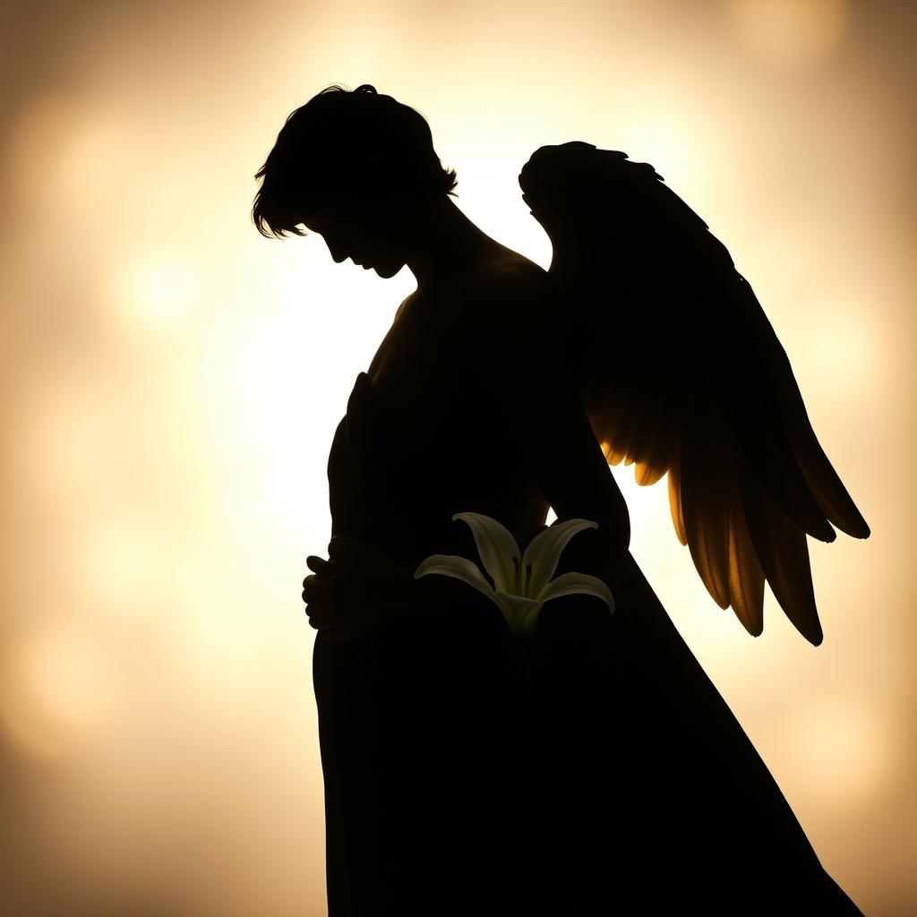 A striking image showcasing the silhouette of an unknown male angel gently cradling a small lily flower