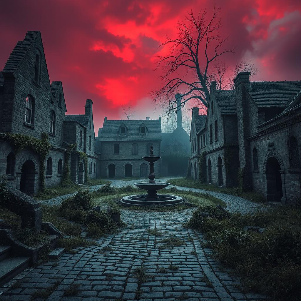 An abandoned, ruined medieval city engulfed in silence under a dark red sky, creating an eerie and haunting atmosphere