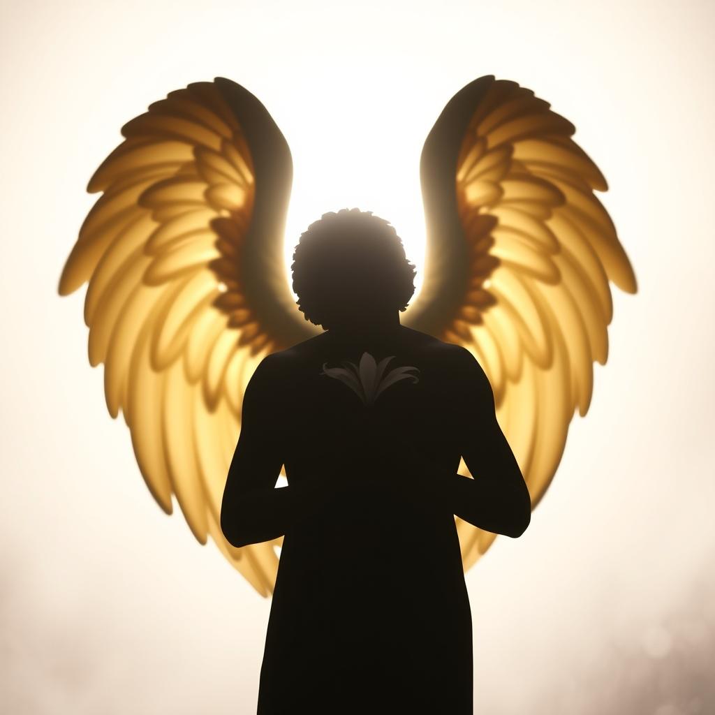 An enchanting image showcasing the silhouette of an unknown male angel gently cradling a small lily flower