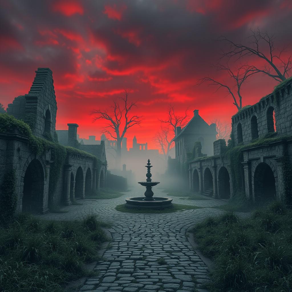 An abandoned, ruined medieval city shrouded in mist under a dark red sky, creating a haunting and atmospheric scene devoid of any people