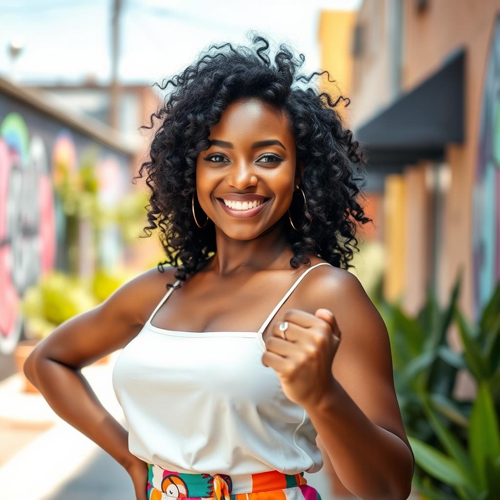 A portrait of a confident black woman standing strong and empowered, showcasing her natural beauty