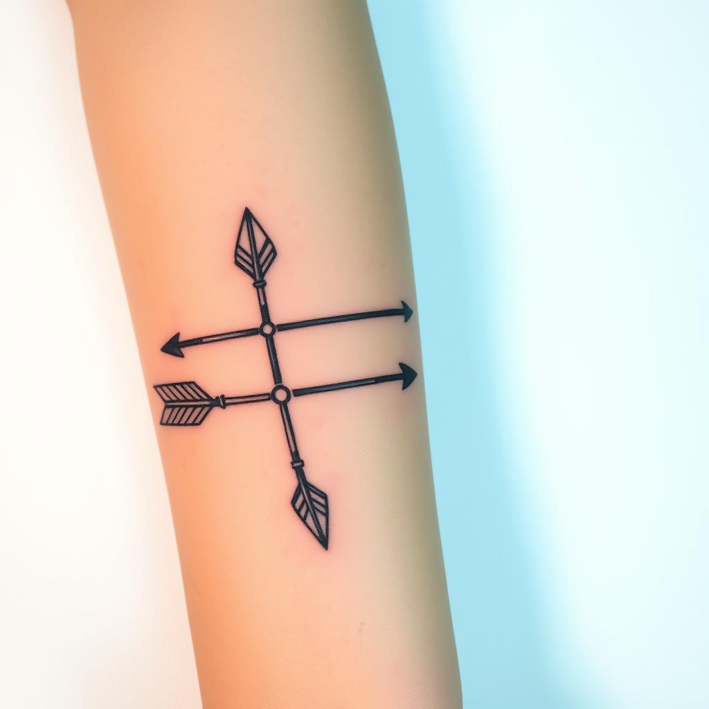 A tattoo design featuring four arrows in a parallel arrangement, each arrow intricately styled with unique patterns along the shaft