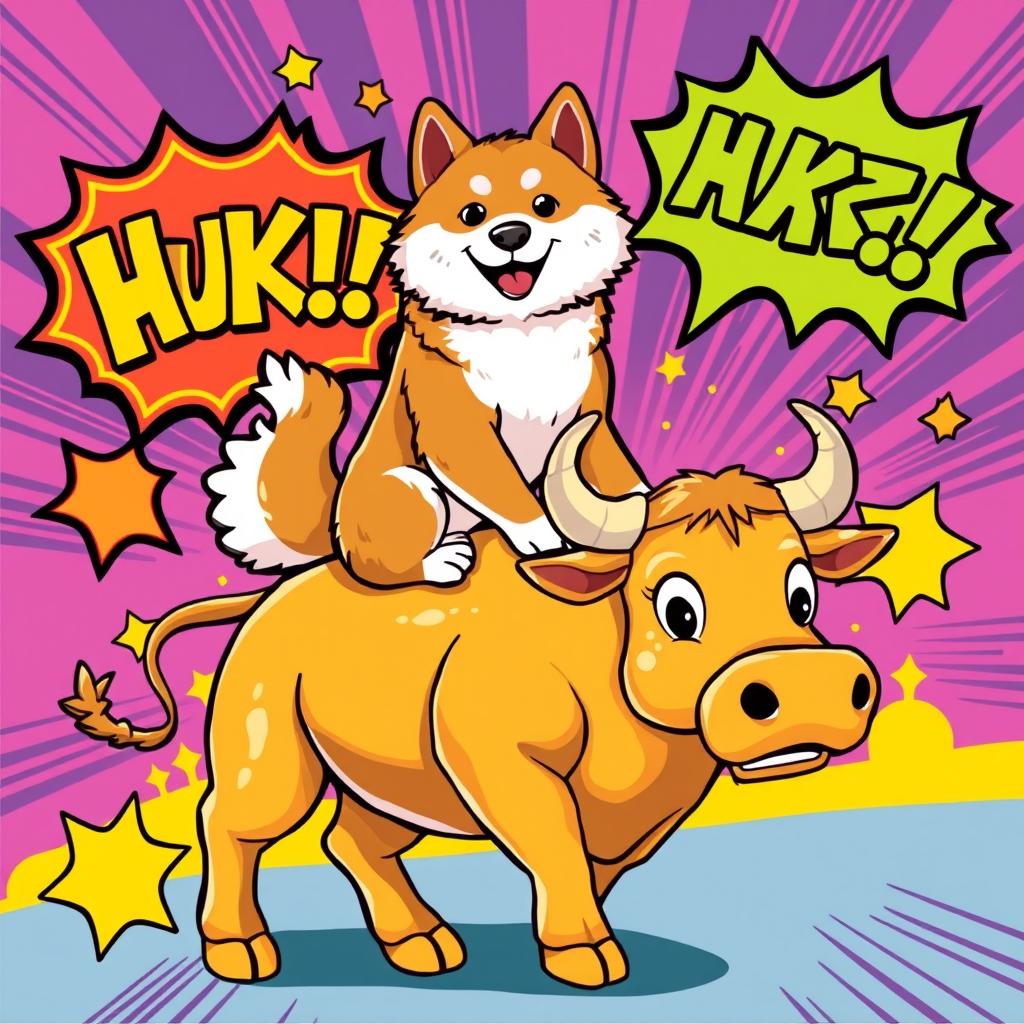 A playful and colorful vector illustration of an Akita Inu dog sitting proudly on the back of a golden bull