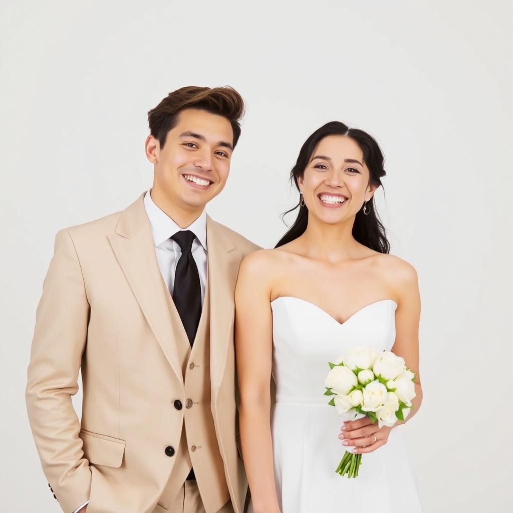 A happy wedding couple, the man wearing a stylish beige suit and the woman in a beautiful white dress