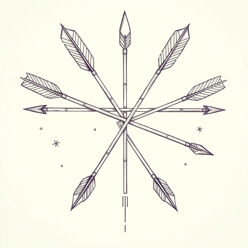 A detailed tattoo sketch featuring five crossed arrows arranged artistically