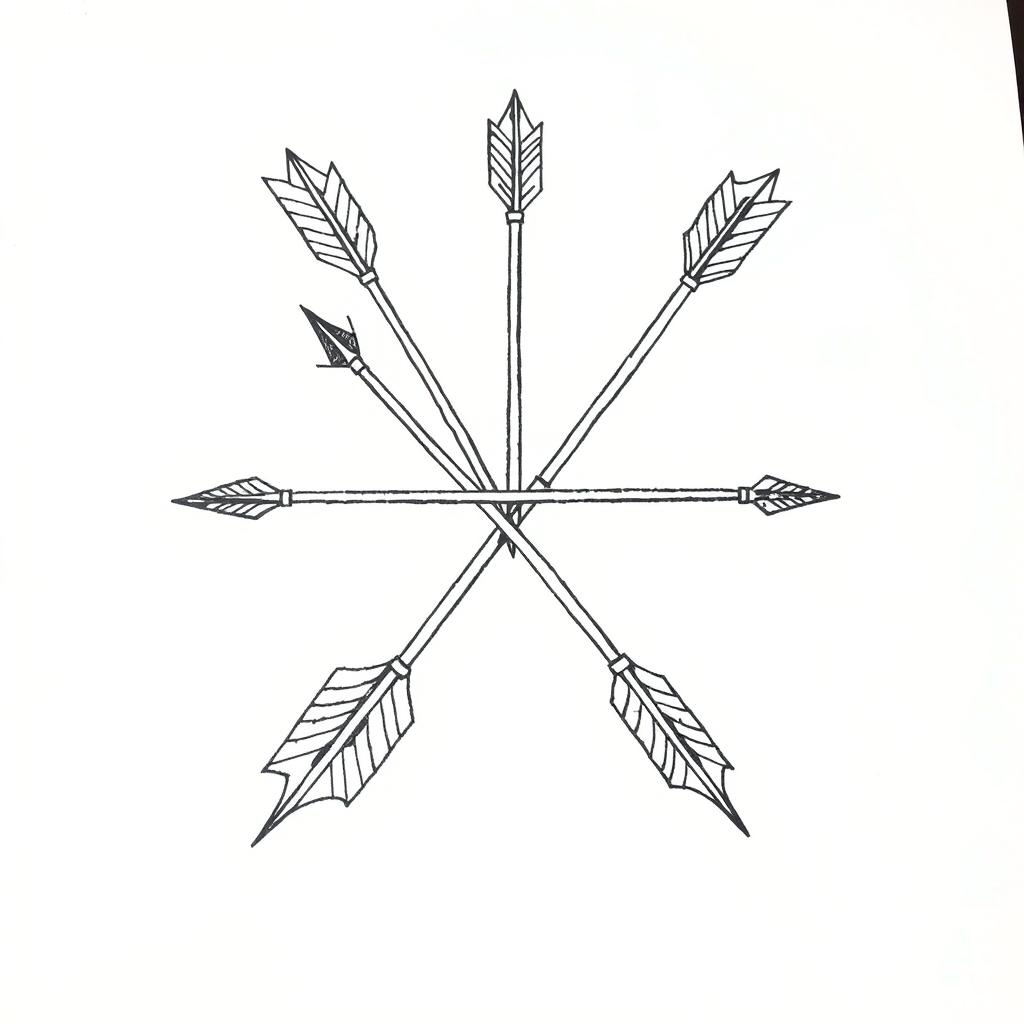 A tattoo sketch featuring five crossed arrows, arranged in a dynamic and artistic manner