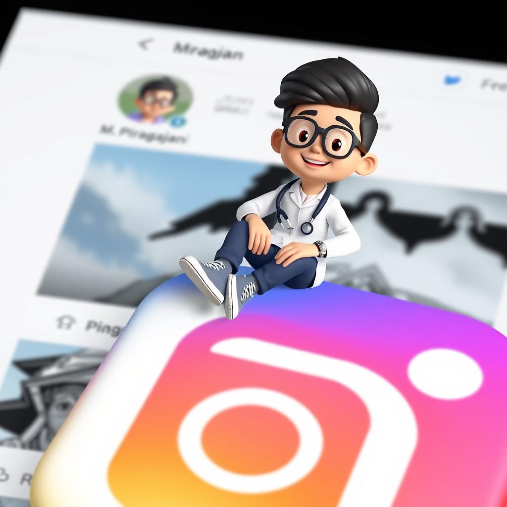 A 3D illustration of a cheerful animated character, who is a doctor, casually sitting on top of the Instagram logo
