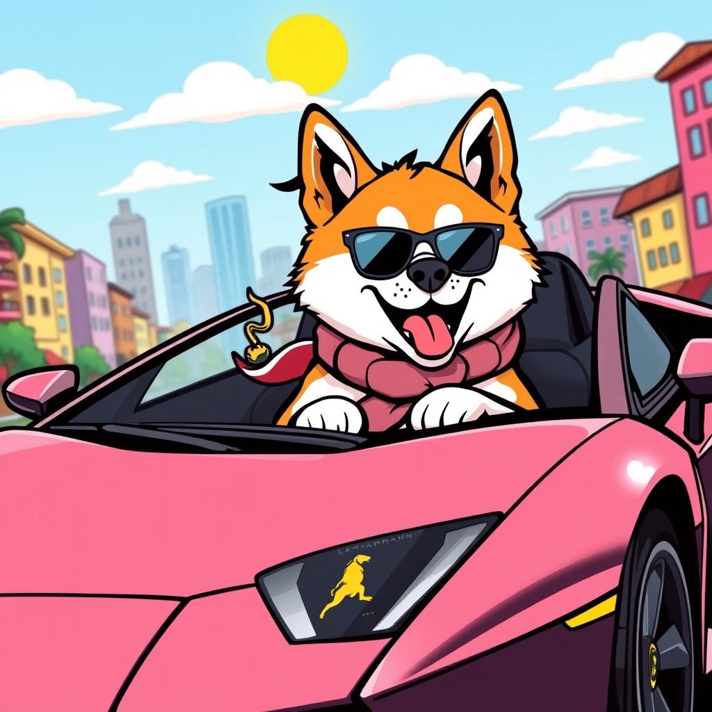 A playful and whimsical illustration of an Akita Inu dog excitedly driving a sleek Lamborghini