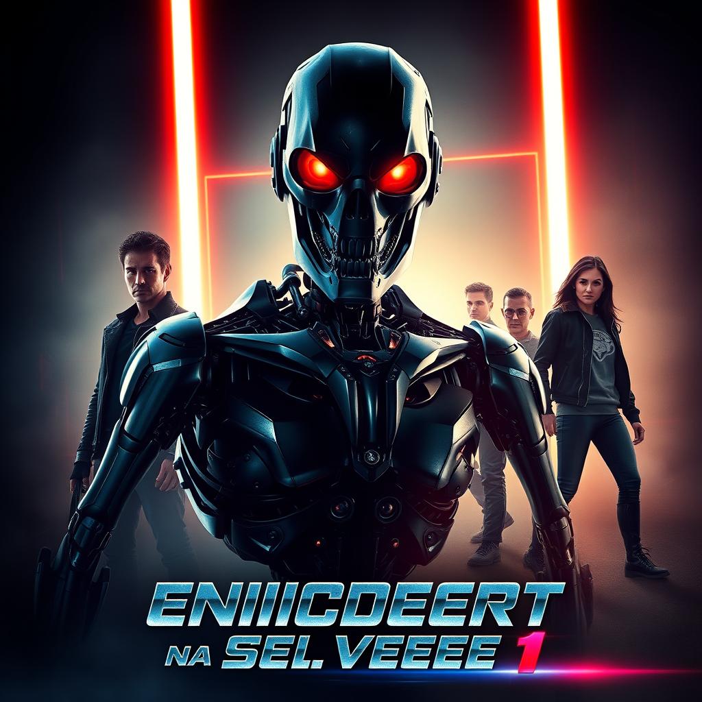 An epic movie poster for the film "Инцидент на сервере 1", featuring a menacing Endoskeleton in the foreground