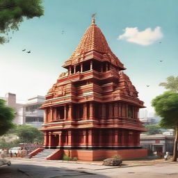 A detailed visual representation of a Hanuman Ji temple nestled charmingly between modern colony houses