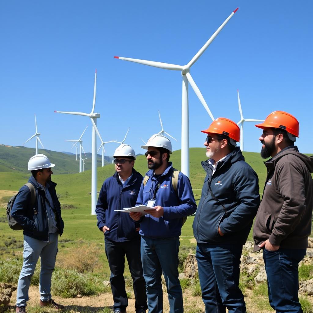 Iranian electrical engineers observing large wind turbines in a scenic landscape, showcasing their innovative designs and technology