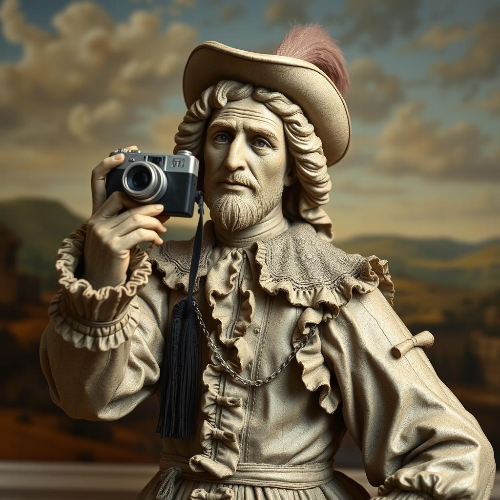A fantasy style portrait sculpture depicting a Renaissance person, dressed in elaborate period clothing with intricate details, holding a vintage camera and taking a selfie
