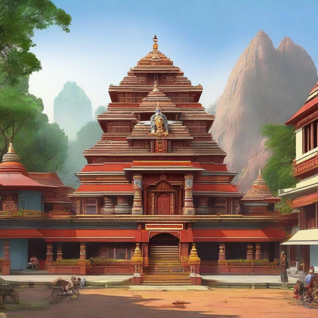 A detailed visual representation of a Hanuman Ji temple nestled charmingly between modern colony houses