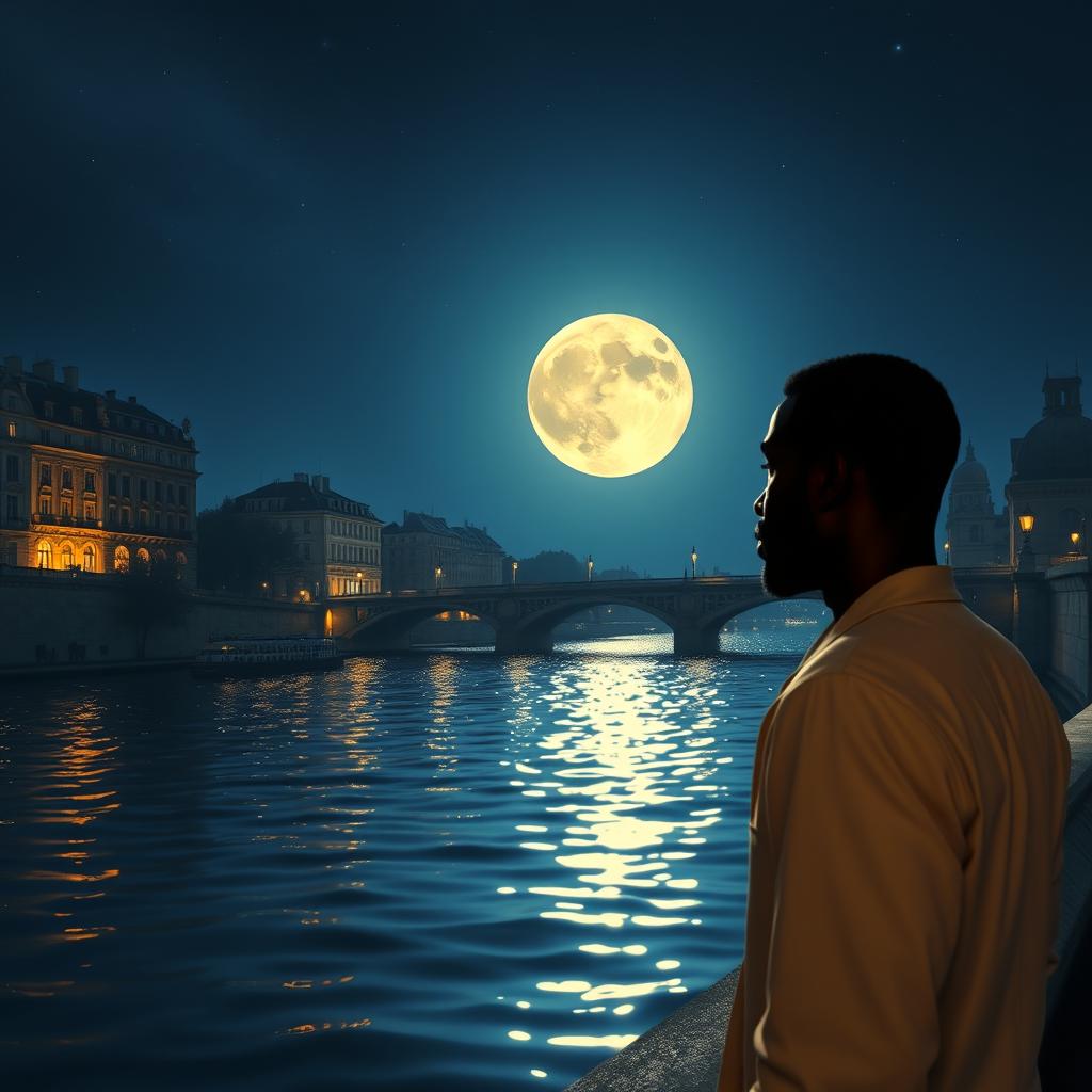 A serene and enchanting view of the Seine River illuminated by moonlight