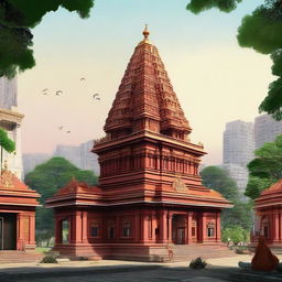 A detailed visual representation of a Hanuman Ji temple nestled charmingly between modern colony houses