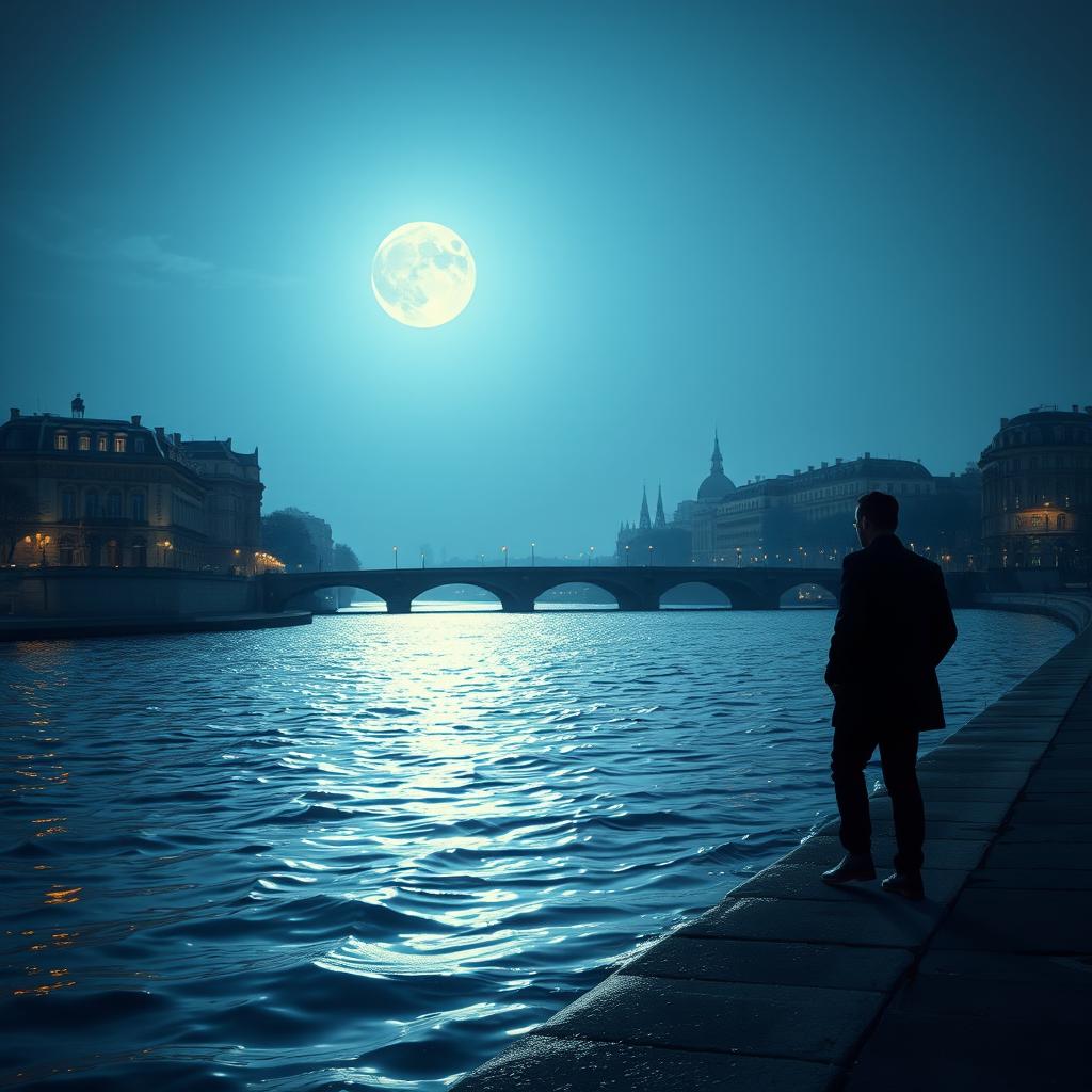 A breathtaking view of the Seine River bathed in moonlight, with a black man walking in the distance along the riverbank