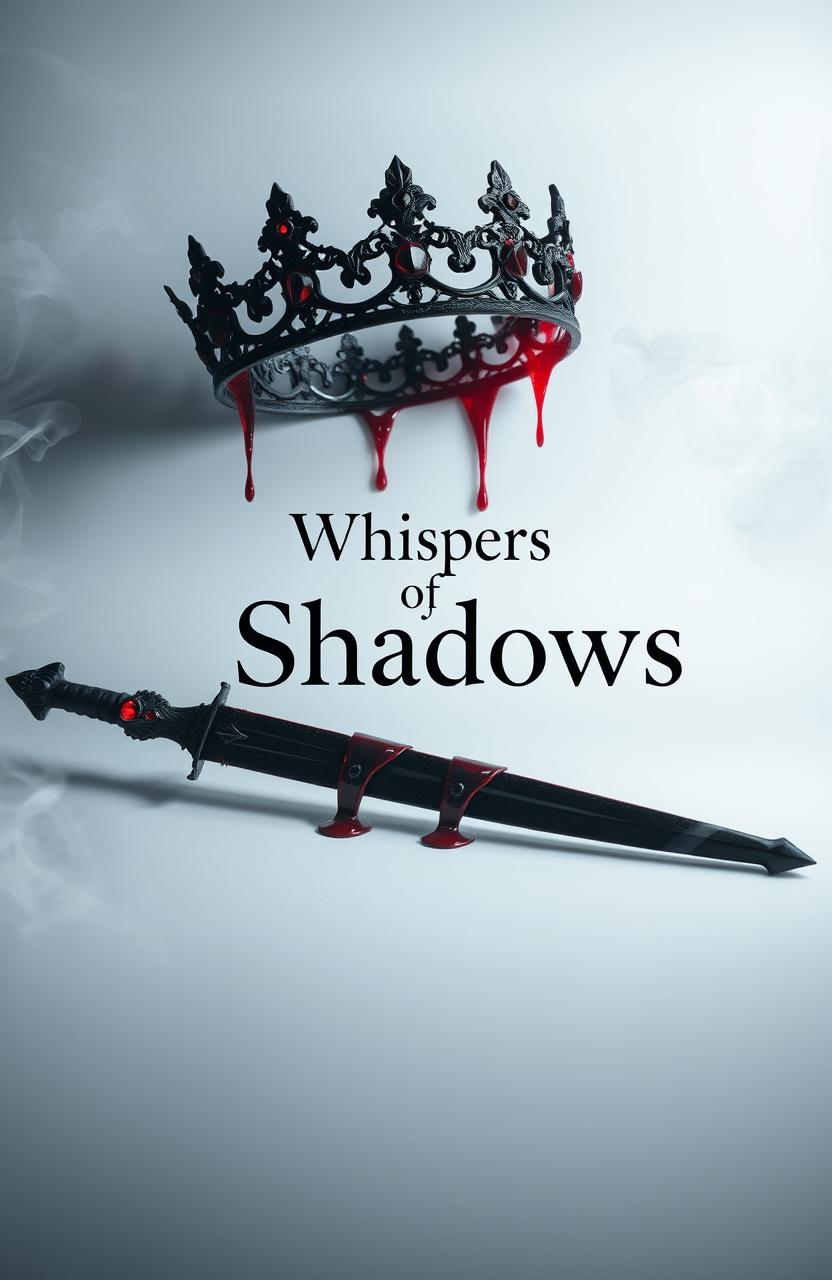 A captivating and eerie scene featuring a broken black crown adorned with red gems and a black sword emanating red magic, both situated in a white empty space