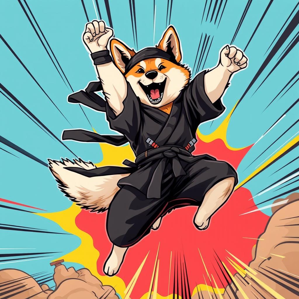 A dynamic illustration of an Akita Inu dog dressed as a Japanese ninja warrior