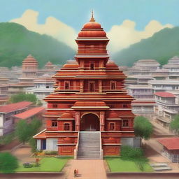 A detailed visual representation of a Hanuman Ji temple nestled charmingly between modern colony houses