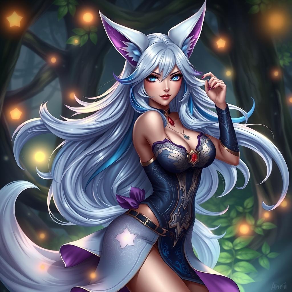 A stunning depiction of Ahri, the nine-tailed fox from League of Legends, in a mystical forest environment