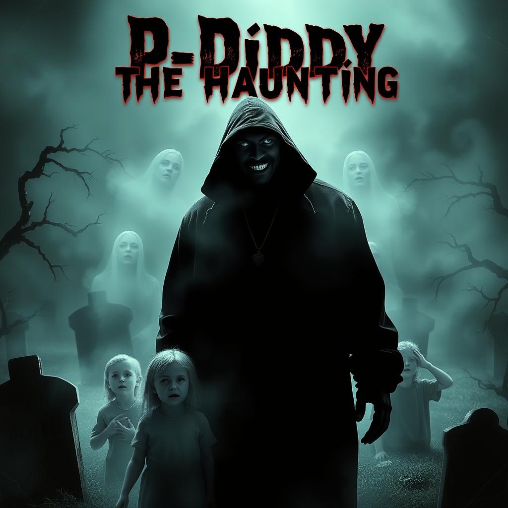 A chilling horror movie cover featuring a shadowy figure resembling a famous hip-hop artist in a misty, eerie setting