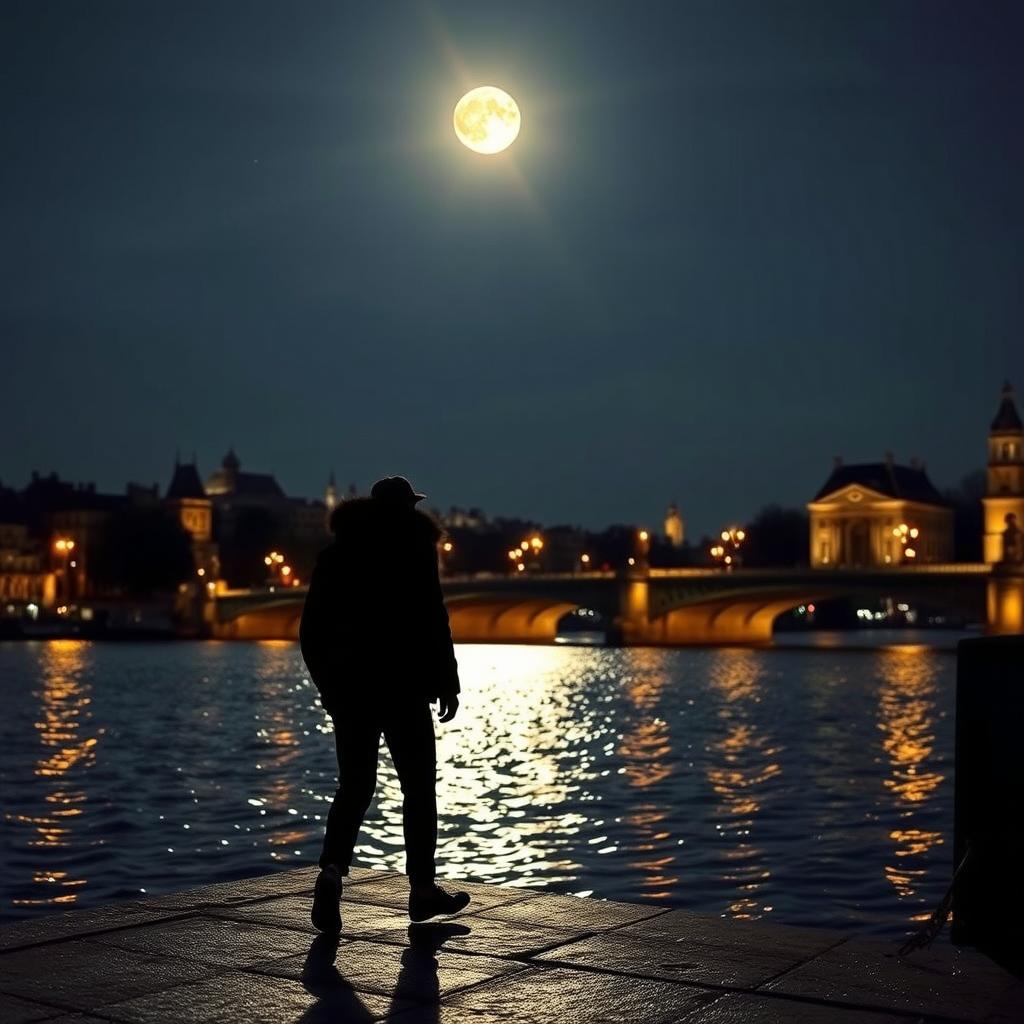 A captivating scene of the Seine River under the enchanting glow of moonlight, featuring a black man walking in the distance along the riverbank